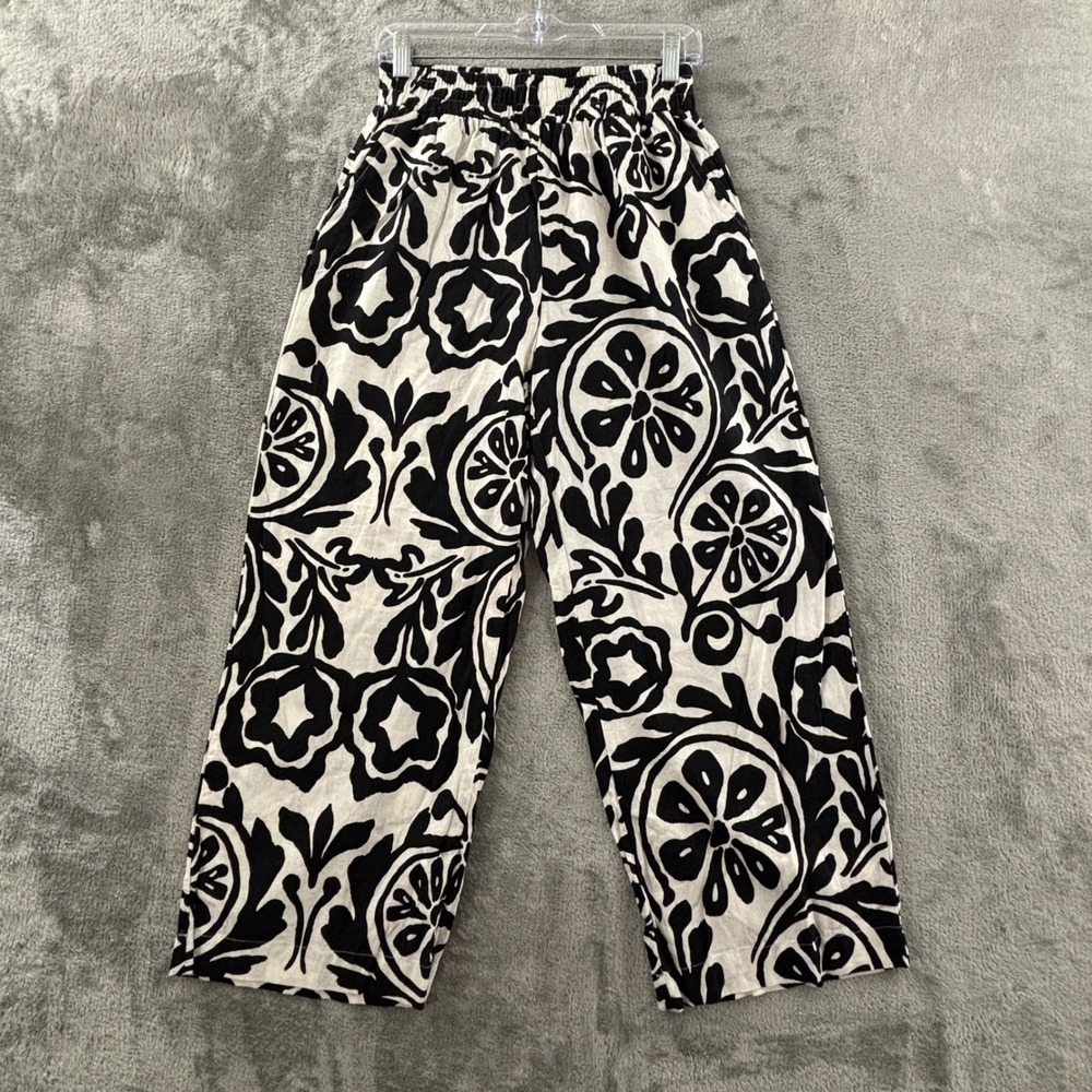 Christian Siriano Floral Linen Wide Leg Ankle Pants Womens S Black Elastic Waist